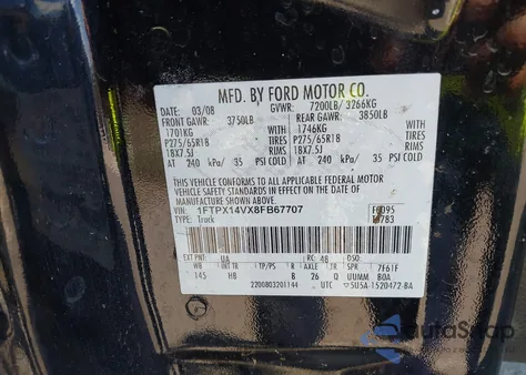 2008 Ford F150 Fx4/Lariat/Xl/Xlt z USA, uszkodzony, nr VIN 1FTPX14VX8FB67707